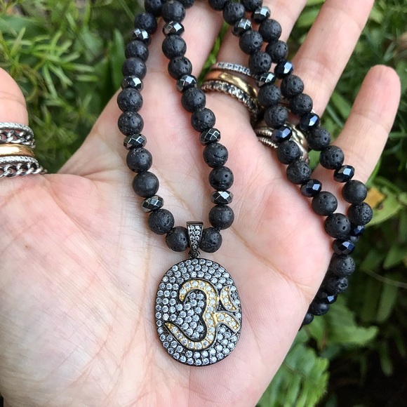 Om sign necklace . Genuine black Lava rock hematite rodhium cz medal boho choker - Picture 9 of 14